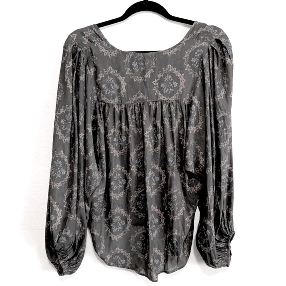 Free People Cowling Around Medallion Print Cowl Neck Puff Sleeves Blouse